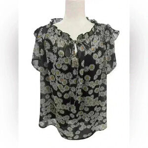 Wayward Fancies eShakti Daisy Print Sheer Ruffle Blouse - Size XL